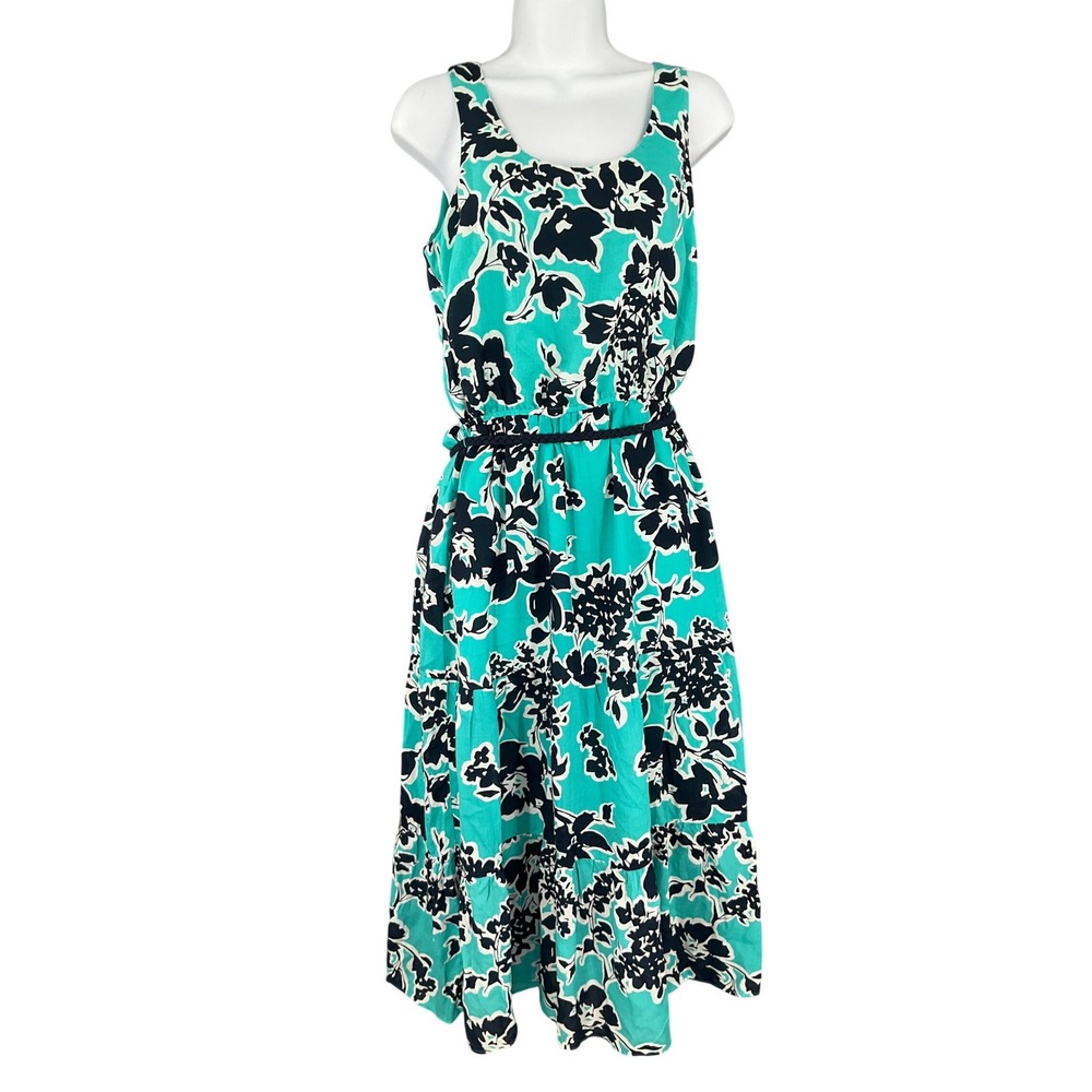Tommy Hilfiger Women Turquoise Black Floral Belted Tiered Maxi Dress Sz S